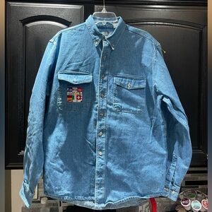 VTG Bear Back Men's Lg Long Sleeve Button Down Blue Denim “Bring it to the World